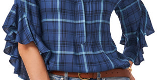 Vince Camuto Women's Plaid Ruffle Sleeve Top Blue Size X-Small