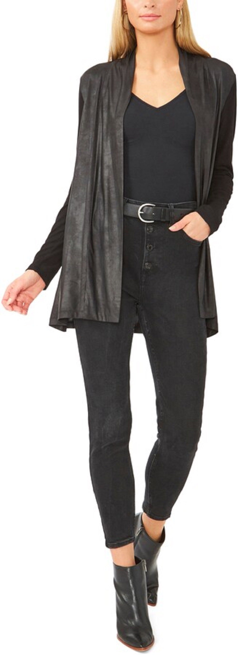 Vince Camuto Women's Drape Front Faux Leather Cardigan Grey Size Small