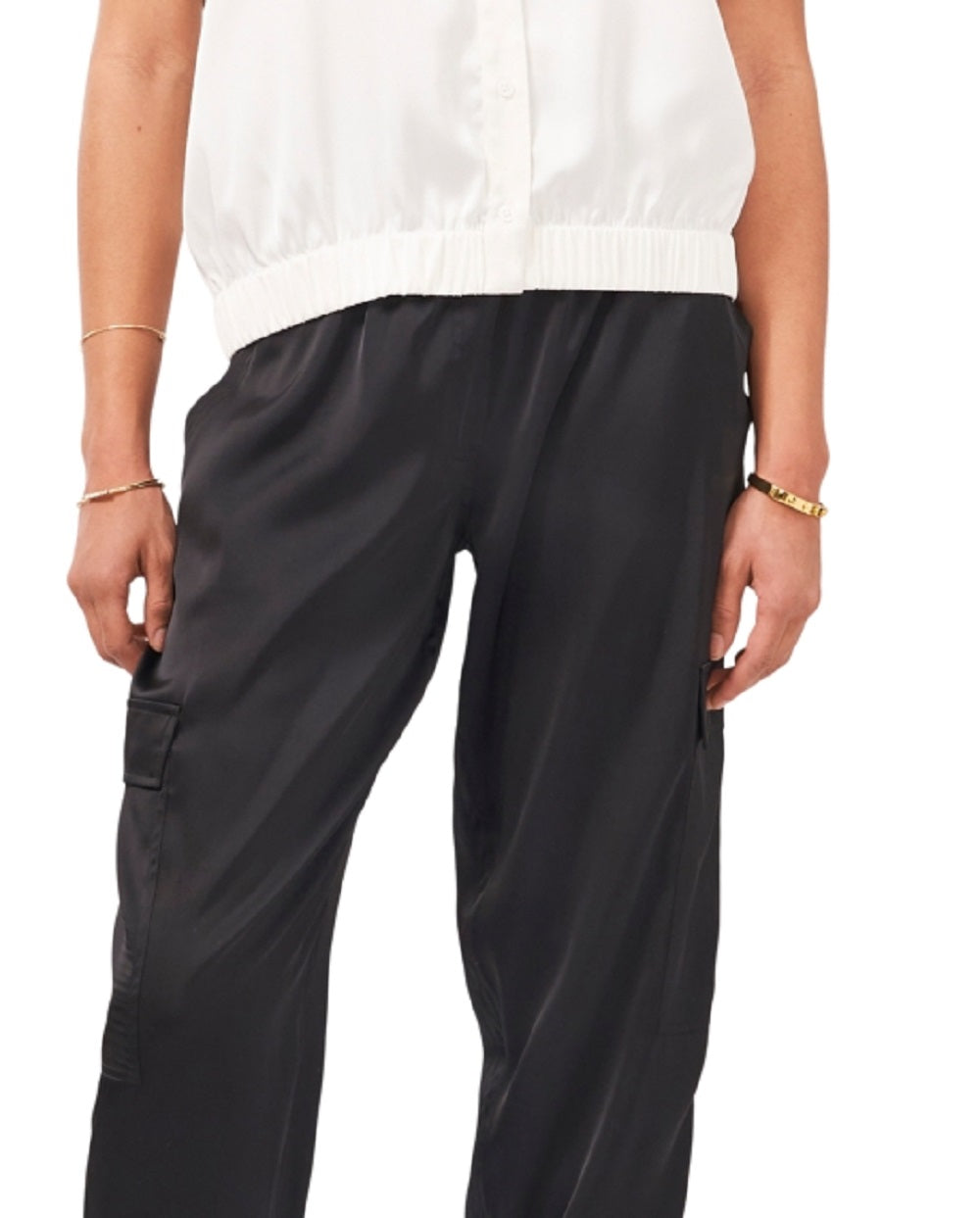 Vince Camuto Women's Luxe Satin Cargo Jogger Pants Black Size X-Large