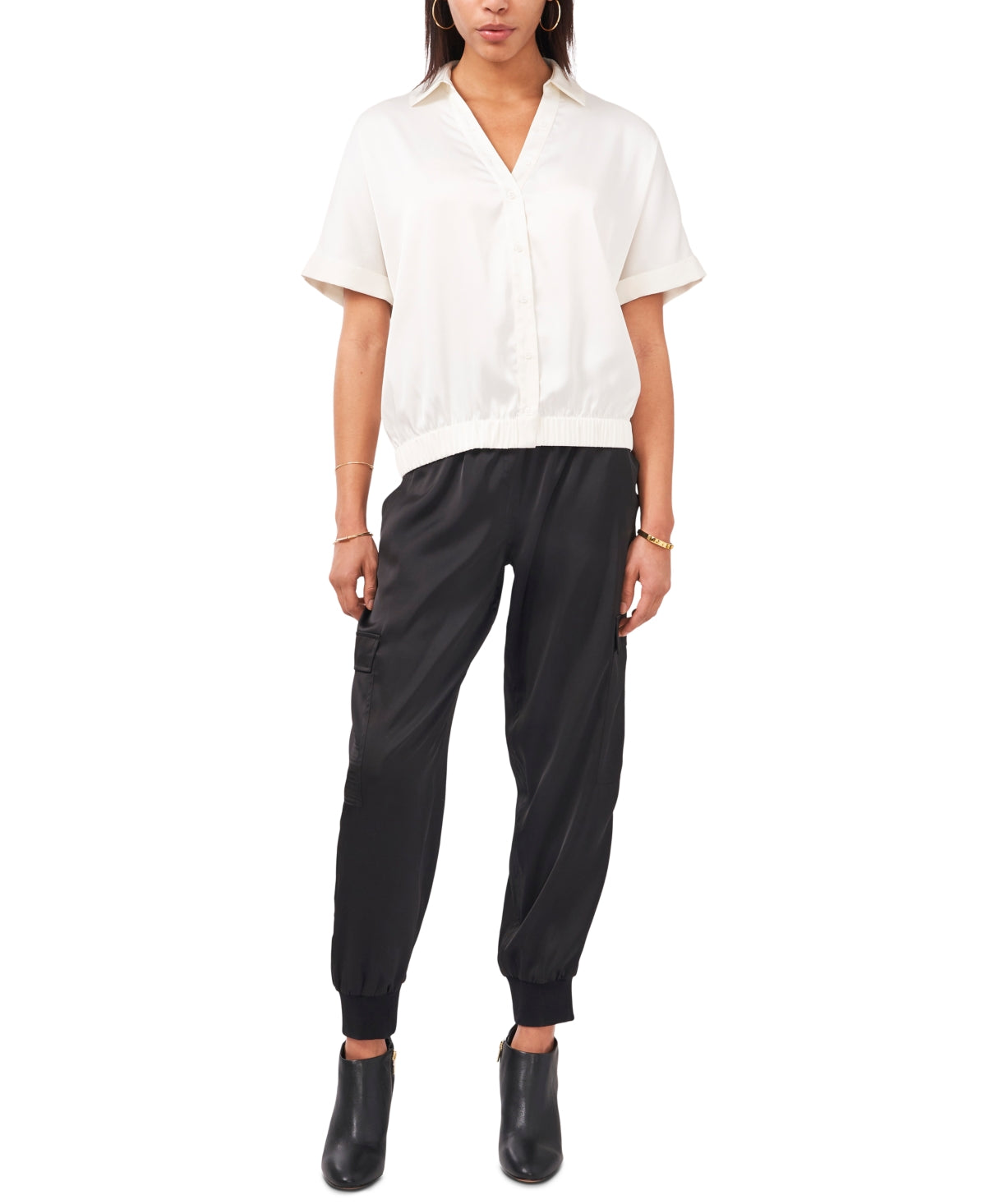 Vince Camuto Women's Luxe Satin Cargo Jogger Pants Black Size X-Large