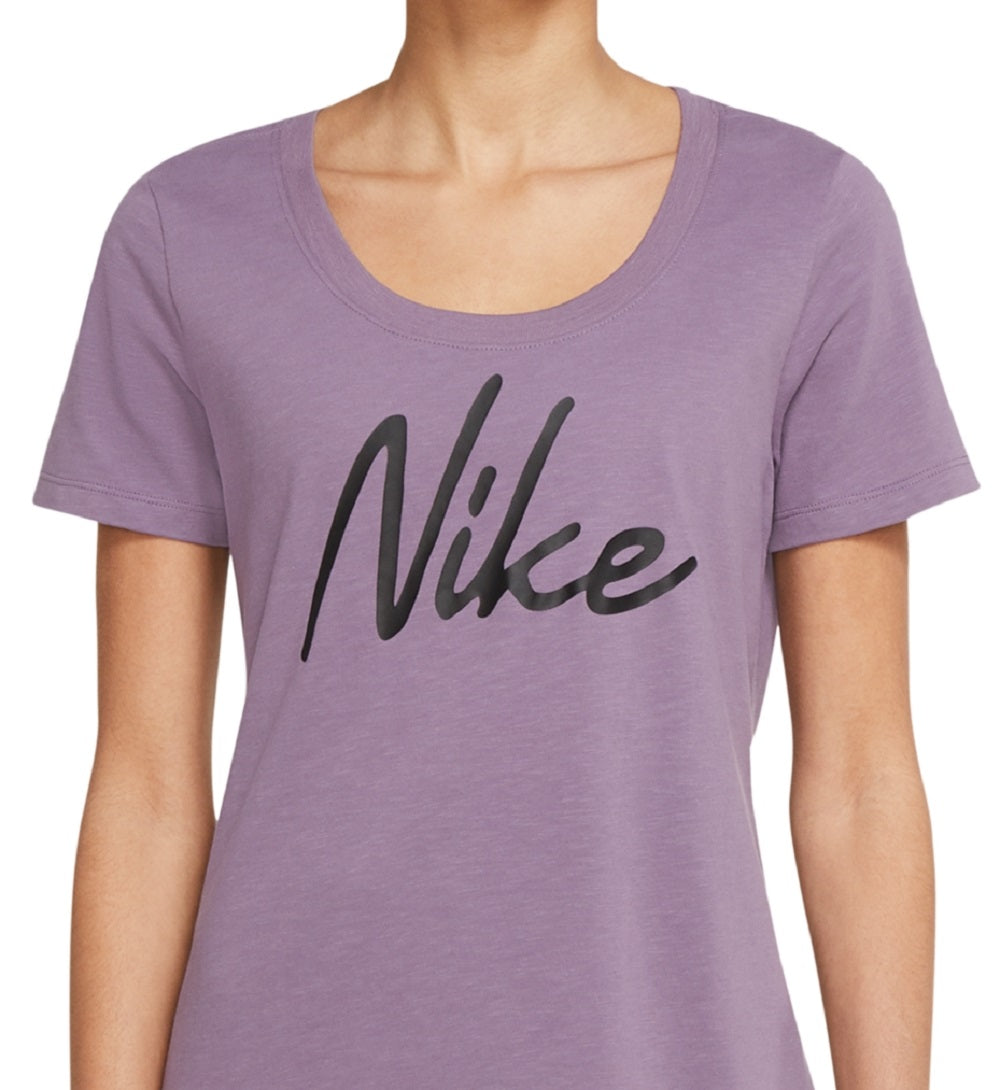 Nike Women's Dri Fit Script Logo Training T Shirt Purple Size Medium