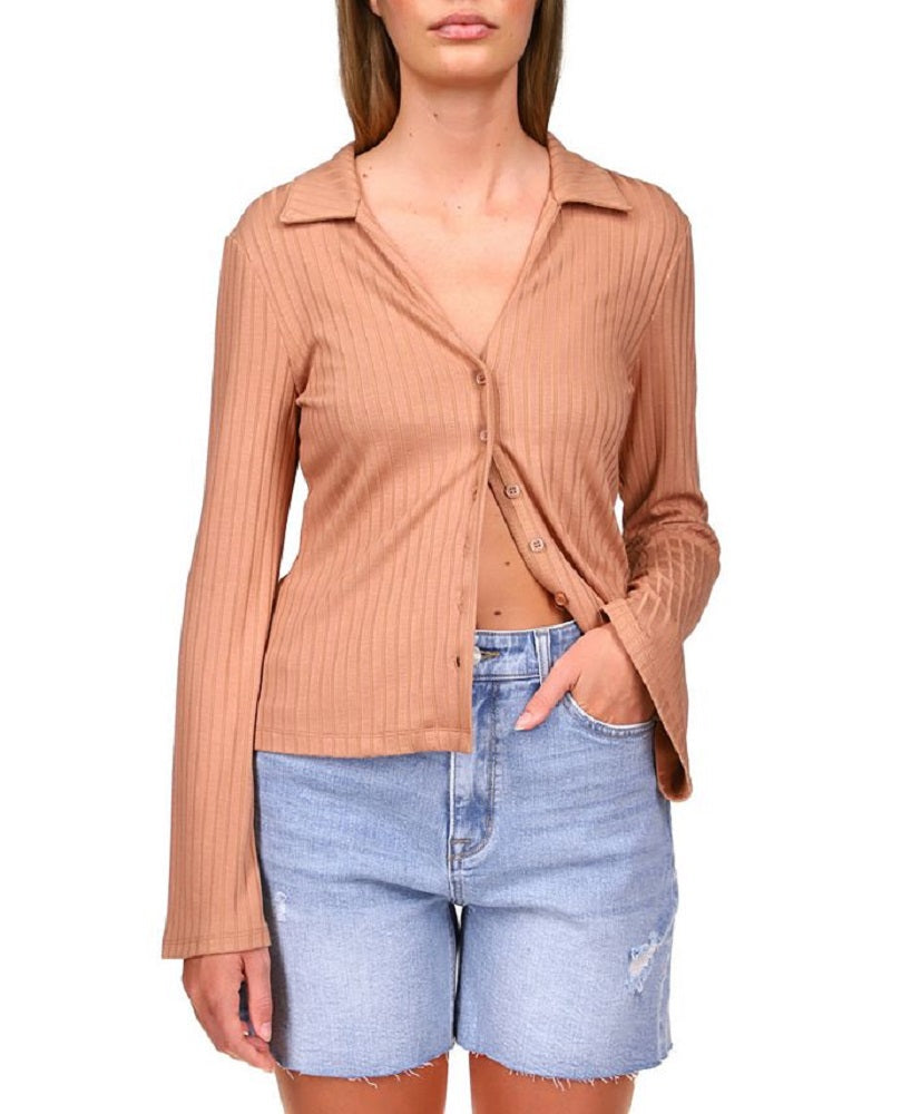 Sanctuary Women's Skimmer Ribbed Button Up Shirt Brown Size X-Large