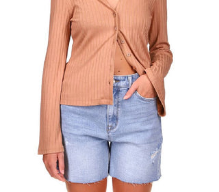 Sanctuary Women's Skimmer Ribbed Button Up Shirt Brown Size X-Large