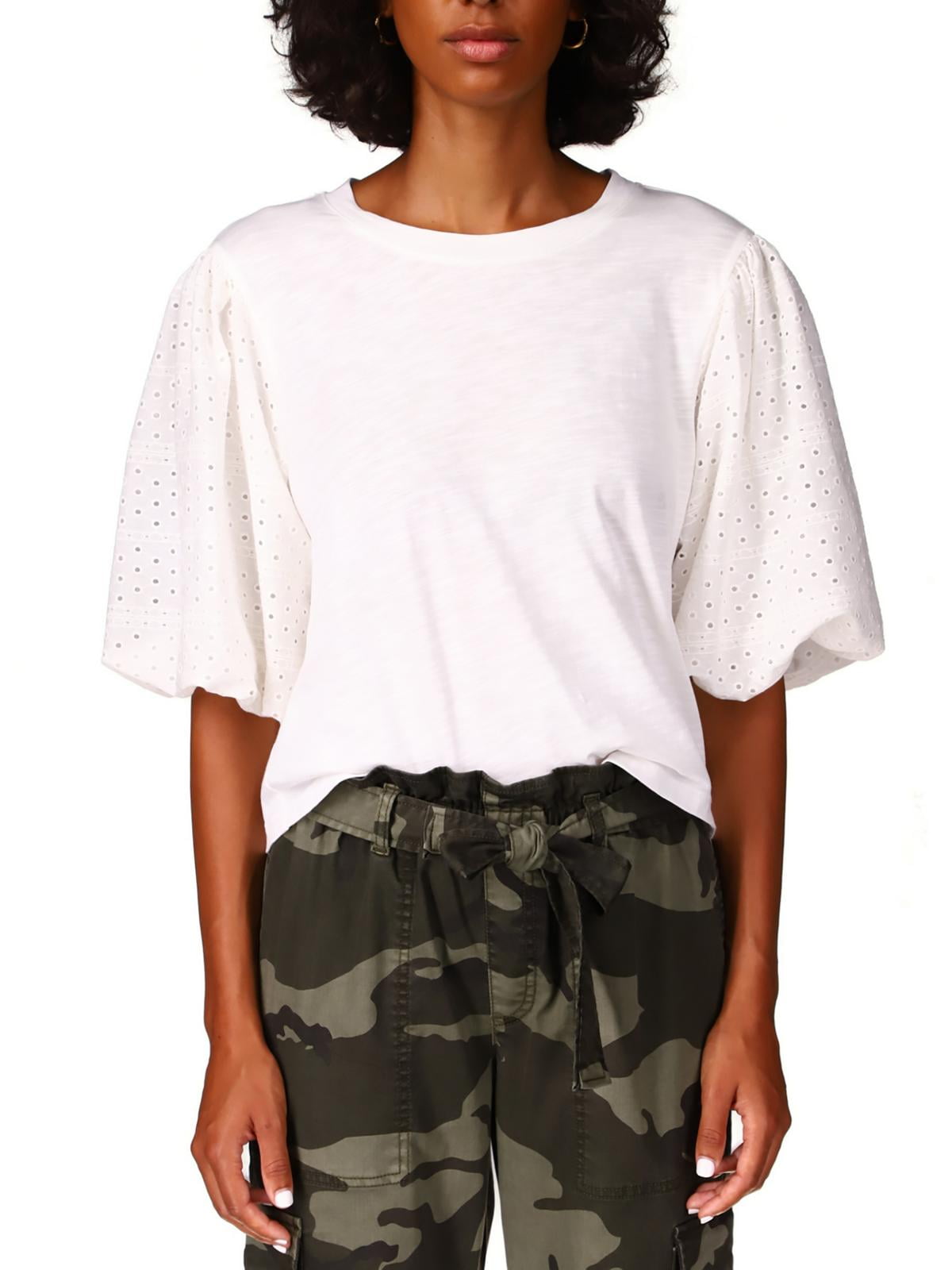 Sanctuary Women's Cloud Control Eyelet Puff Sleeve Cotton Blend Top White Size Small