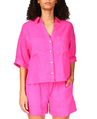 Sanctuary Women's Easy Linen Blend Button Up Shirt Pink Size X-Large