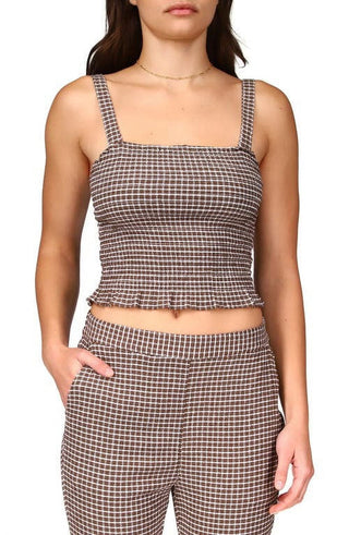 Sanctuary Women's Westside Check Smocked Crop Camisole Brown Size Large