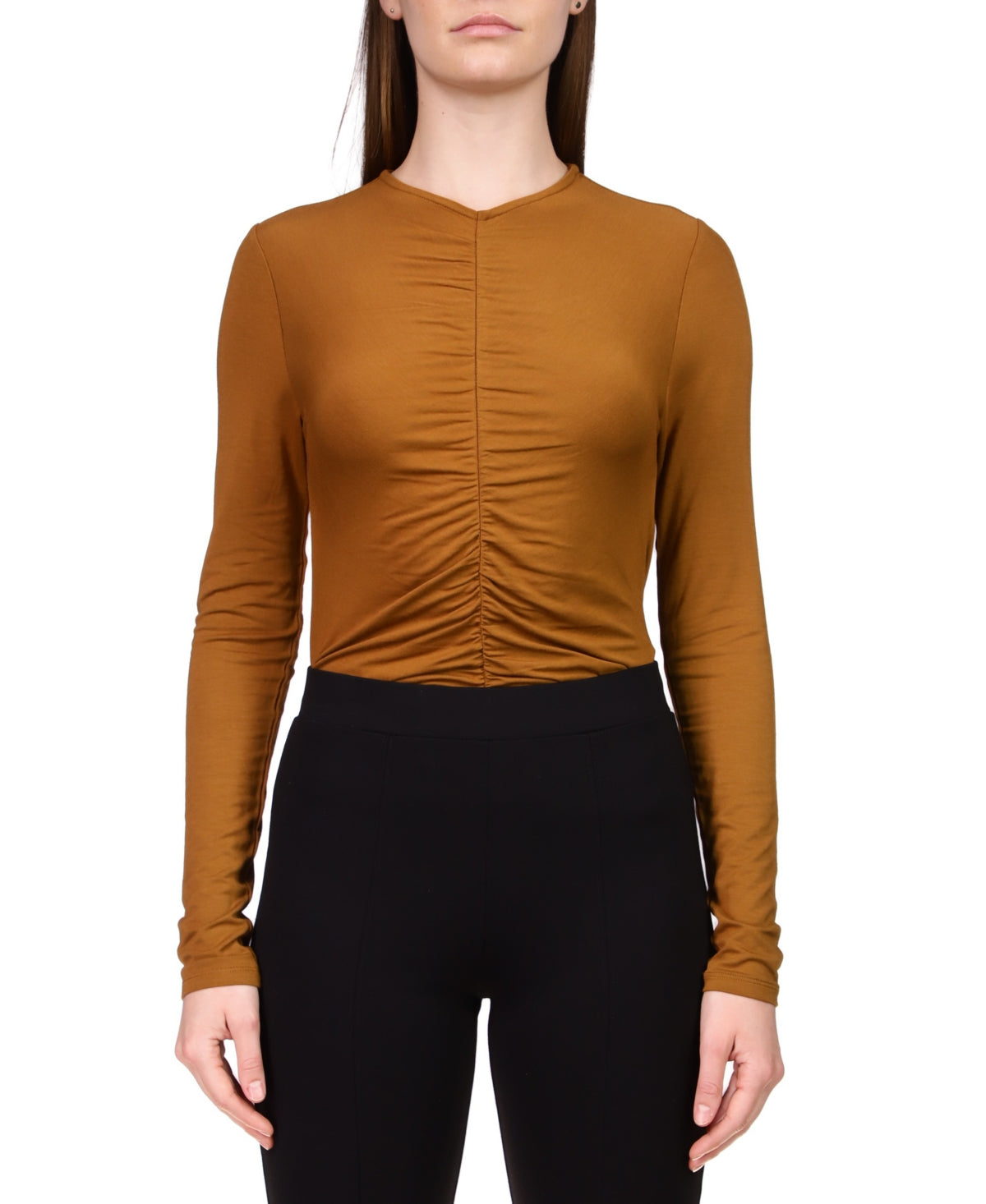 Sanctuary Women's Ruched Long Sleeve Crop Top Brown Size Small