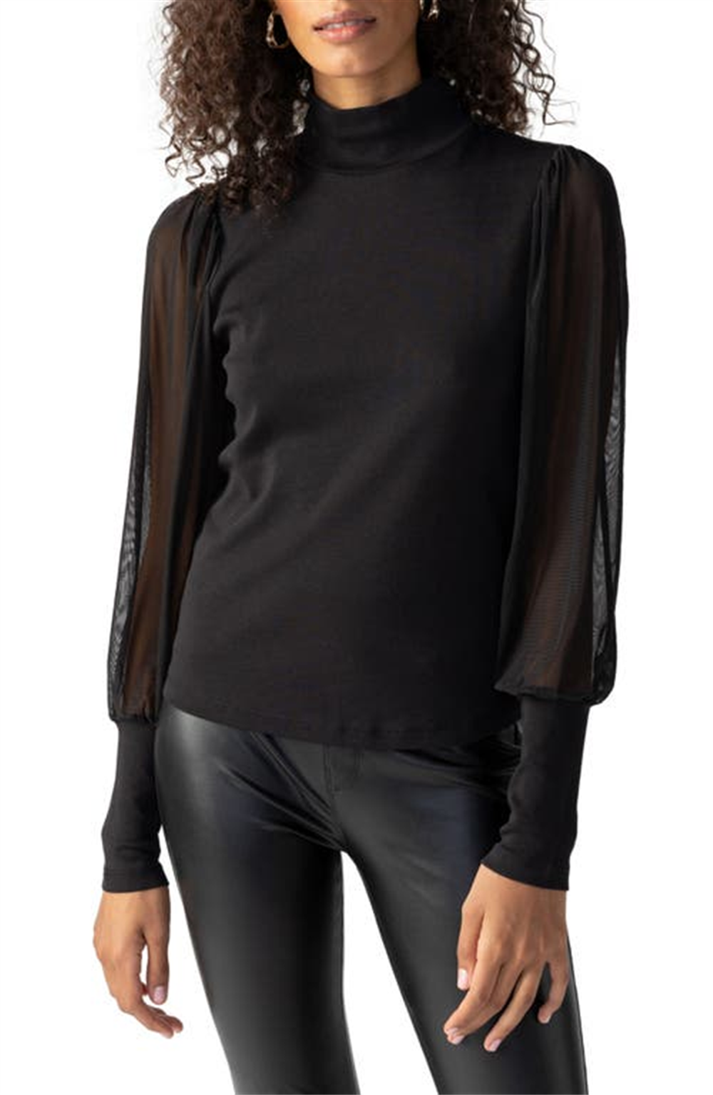 Sanctuary Women's n My Mind Mesh Sleeve Mock Neck Top Black Size Medium