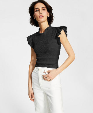 French Connection Women's Smocked Organic Cotton Jersey Top Black Size Medium