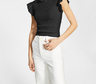 French Connection Women's Smocked Organic Cotton Jersey Top Black Size Medium