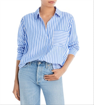 French Connection Women's Thick Stripe Relaxed Fit Shirt Blue Size S