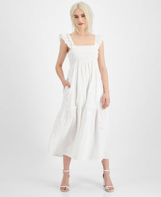 French Connection Women's Smocked Organic Cotton Midi Dress White Size 0