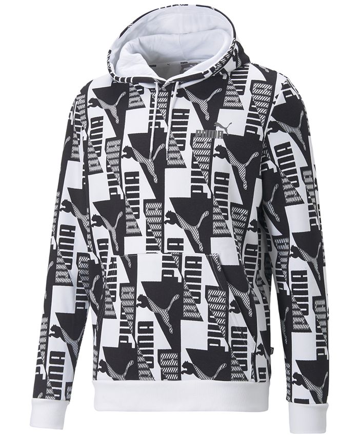 Puma Men's Allover Logo Graphic Print Fleece Hoodie White Size Large