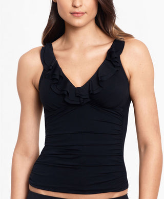 Ralph Lauren Women's Beach Club Solid Ruffle Underwire Tankini Top Black Size 10