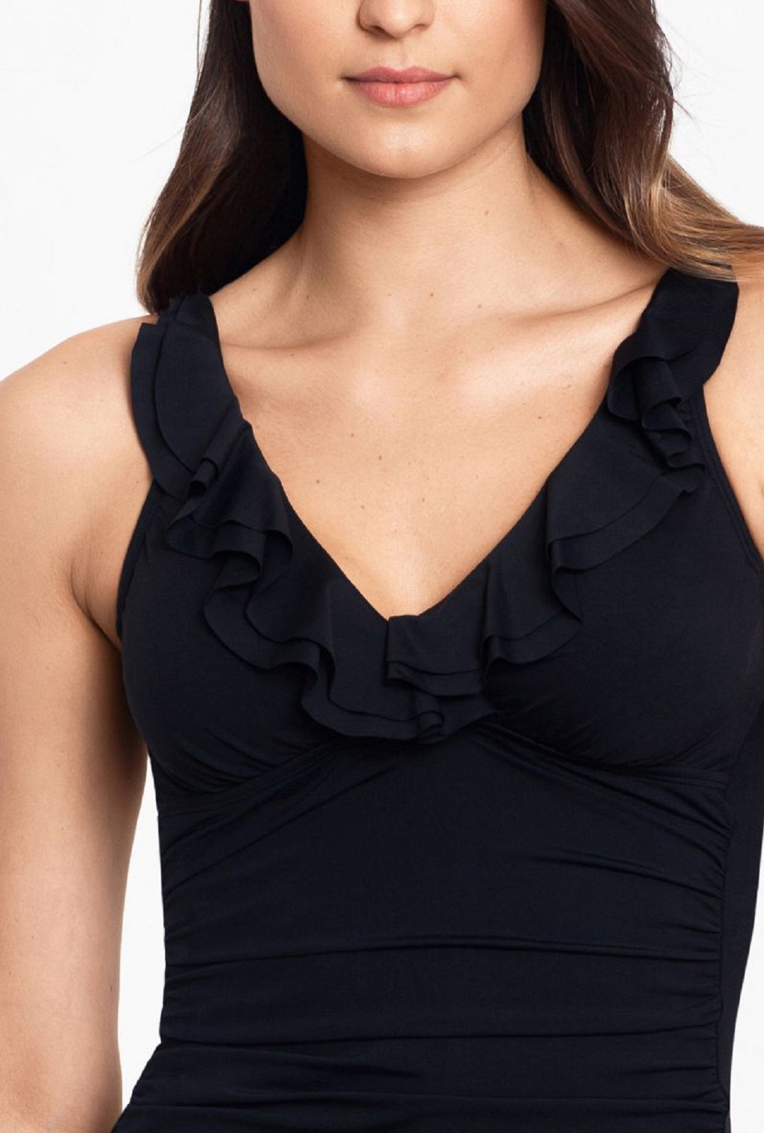 Ralph Lauren Women's Beach Club Solid Ruffle Underwire Tankini Top Black Size 10
