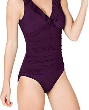 Ralph Lauren Women's Beach Club Solid Ruffle Surplice One Piece Purple Size 16