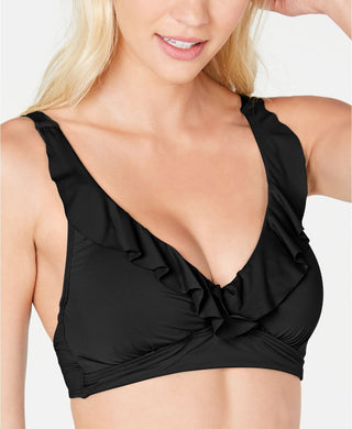 Ralph Lauren Women's Beach Club Solid Ruffle Underwire Bra Top Swimwear Black Size 12