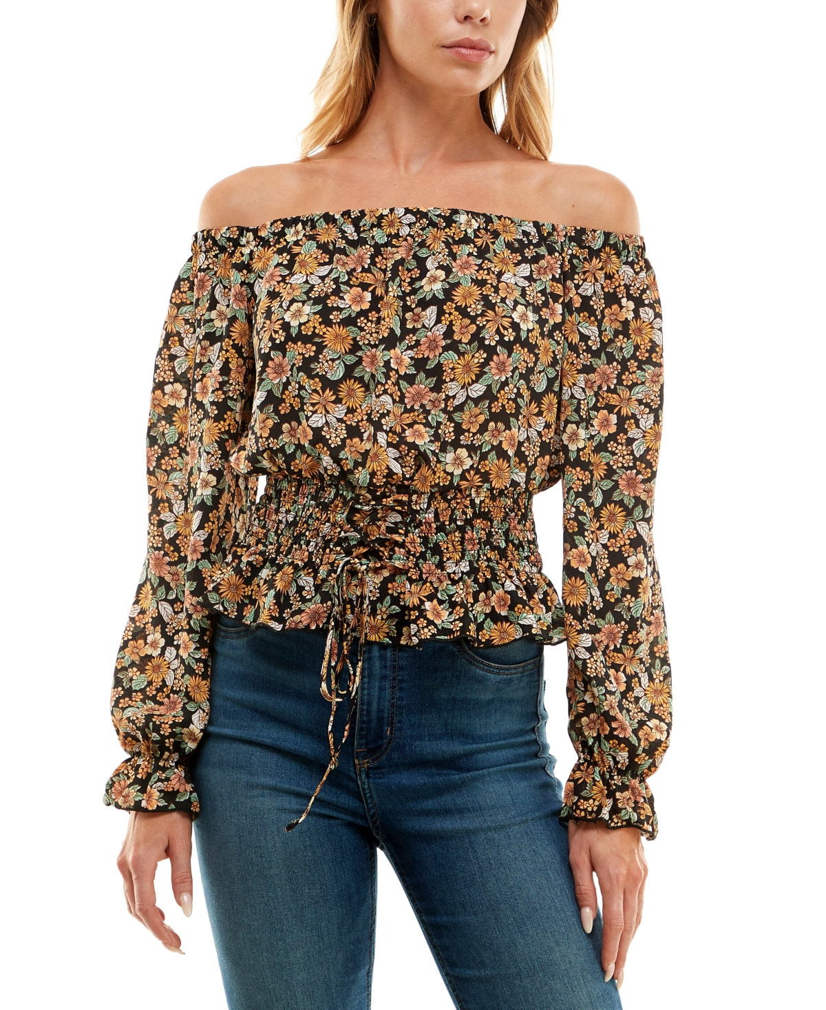 Ultra Flirt Junior's Off The Shoulder Floral Print Top Black Size Medium