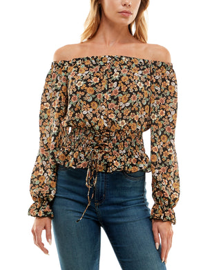 Ultra Flirt Junior's Off The Shoulder Floral Print Top Black Size Medium