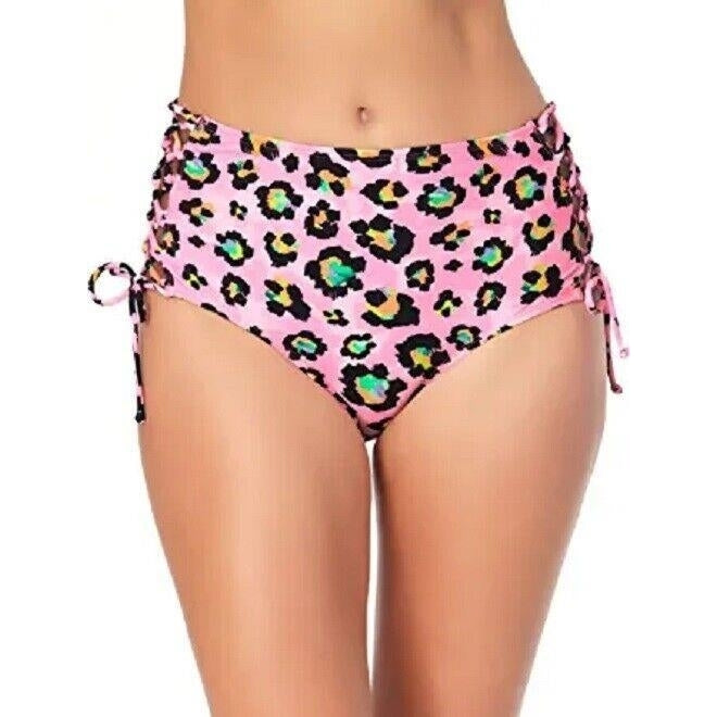 California Waves Women's Side Lace High Waist Bikini Swim Bottoms Pink