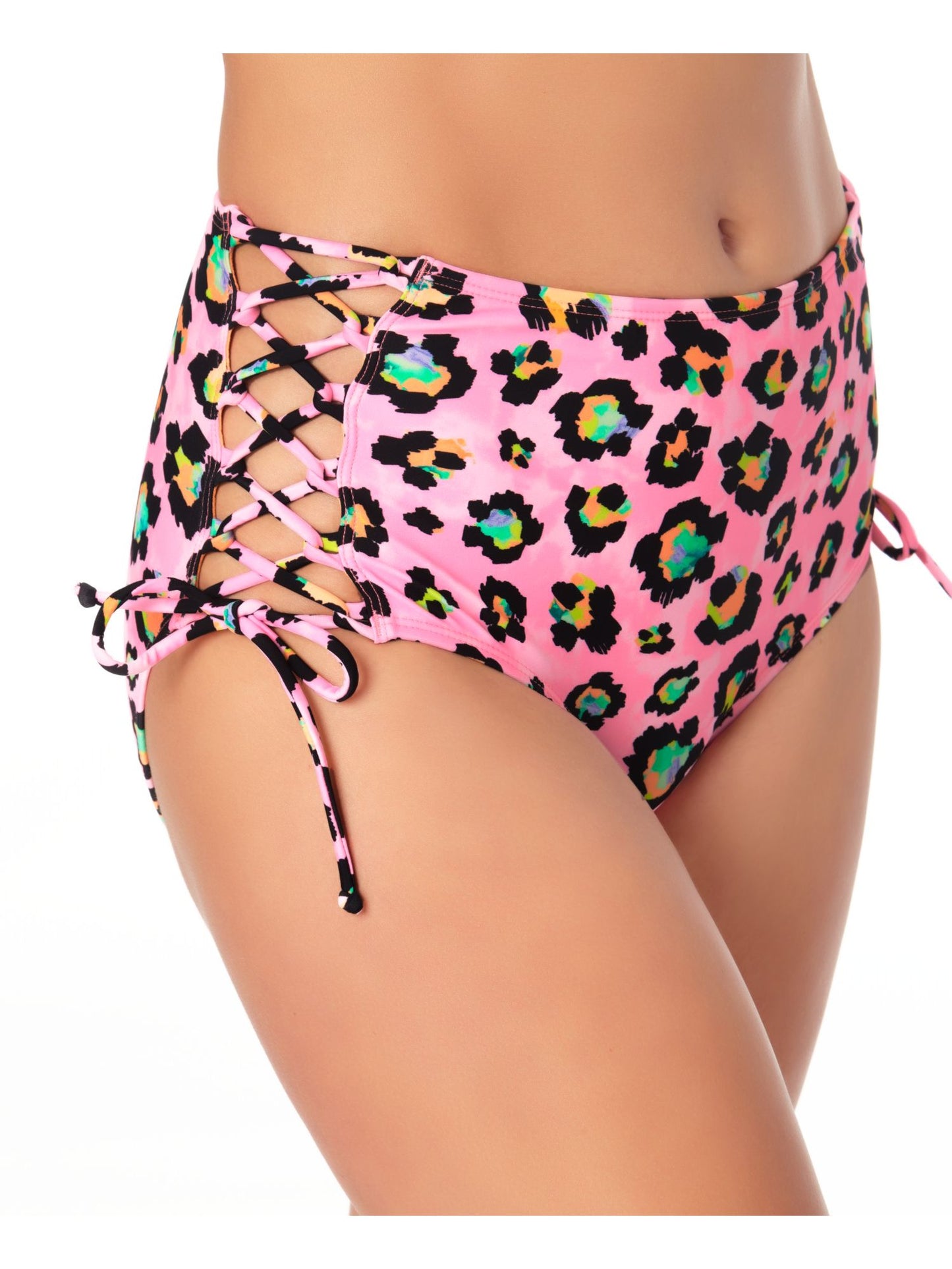 California Waves Women's Side Lace High Waist Bikini Swim Bottoms Pink