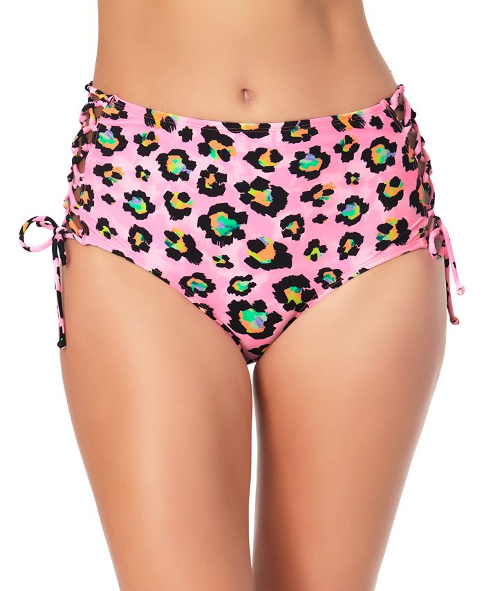 California Waves Women's Side Lace High Waist Bikini Swim Bottoms Pink