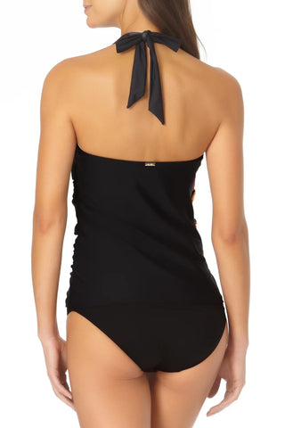 Anne Cole Women's Shirred Halter Tankini Top Swimsuit Black Size Small