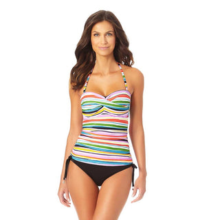 Anne Cole Women's Painted Striped Twist Front Shirred Tankini Top Swimsuit White Size X-Small