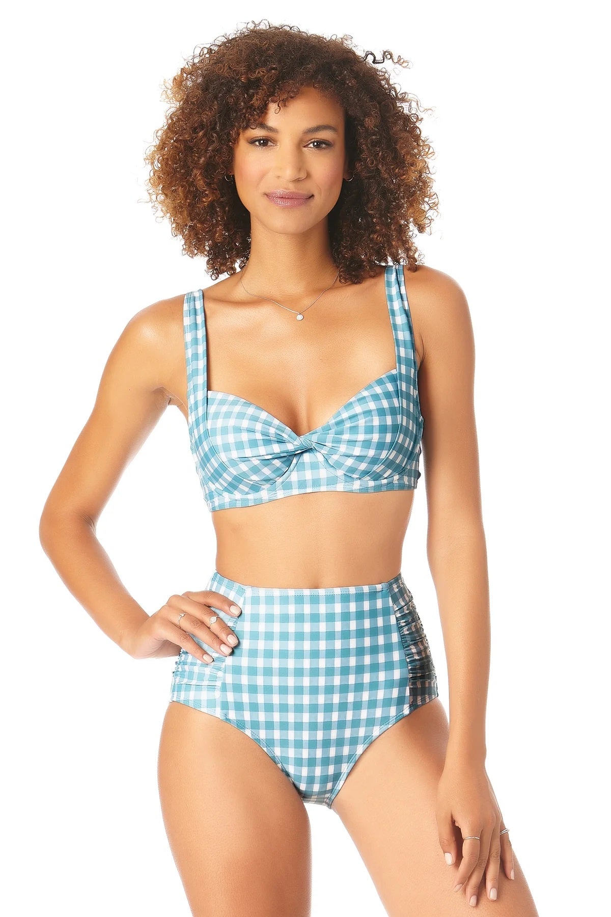 Anne Cole Women's Gingham Print High Waist Swim Bottoms Swimsuit Blue Size X-Small