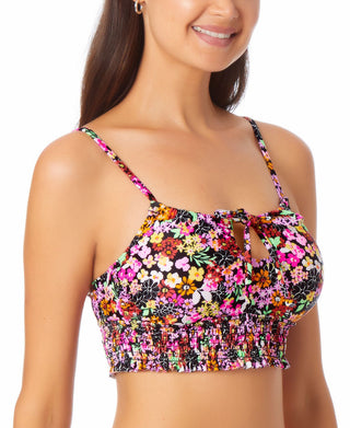 California Waves Junior's Printed Longline Bikini Top Swimsuit BlackMulti