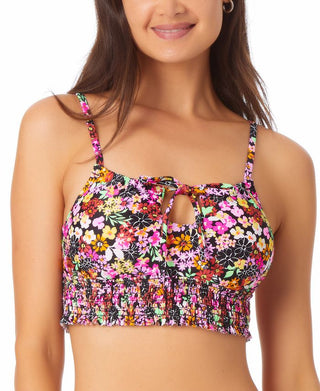 California Waves Junior's Printed Longline Bikini Top Swimsuit BlackMulti