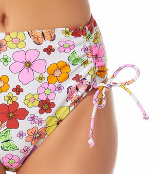 California Waves Junior's Printed Cinch Side High Waist Bikini Bottoms Swimsuit White