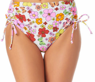California Waves Junior's Printed Cinch Side High Waist Bikini Bottoms Swimsuit White