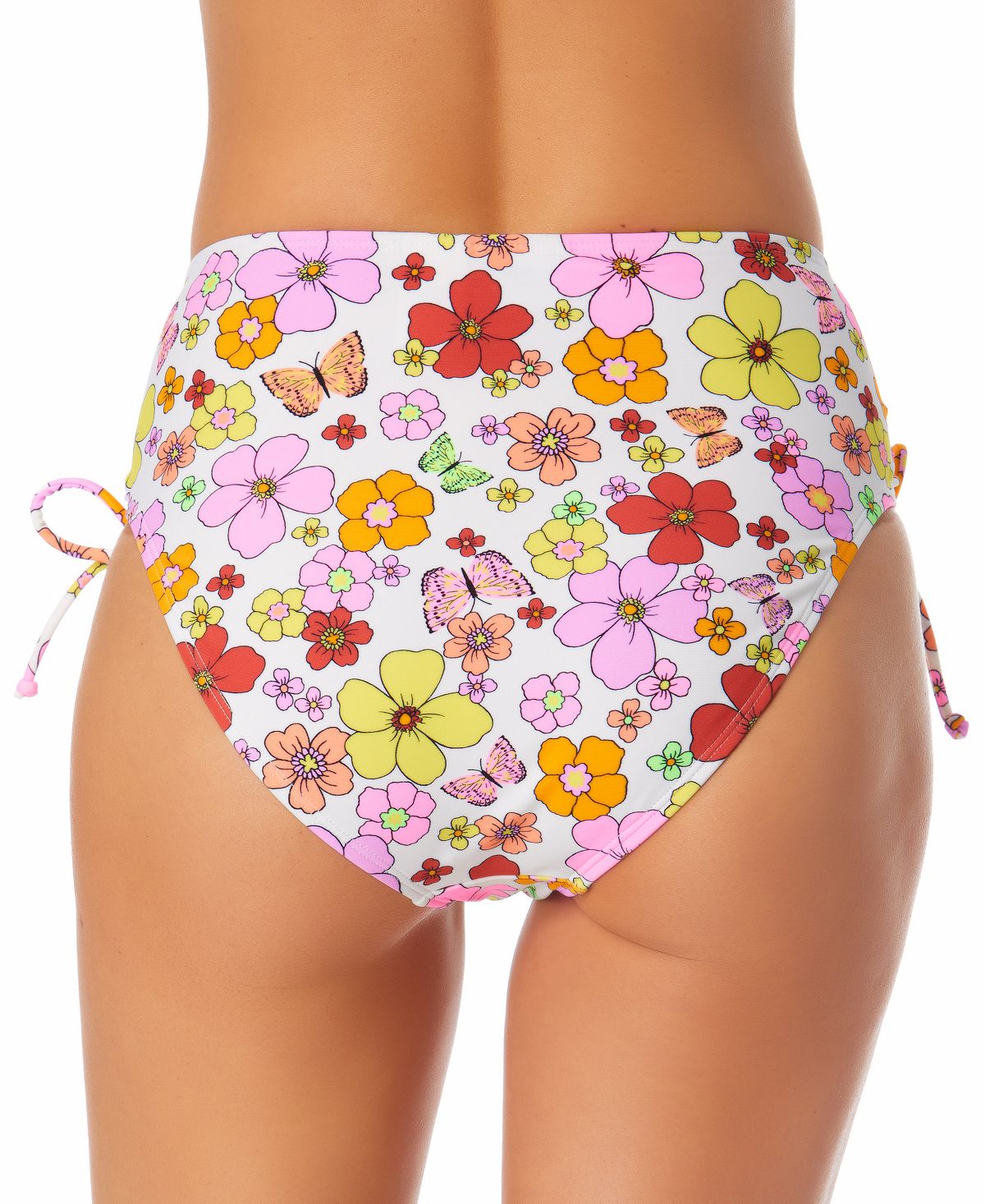 California Waves Junior's Printed Cinch Side High Waist Bikini Bottoms Swimsuit White