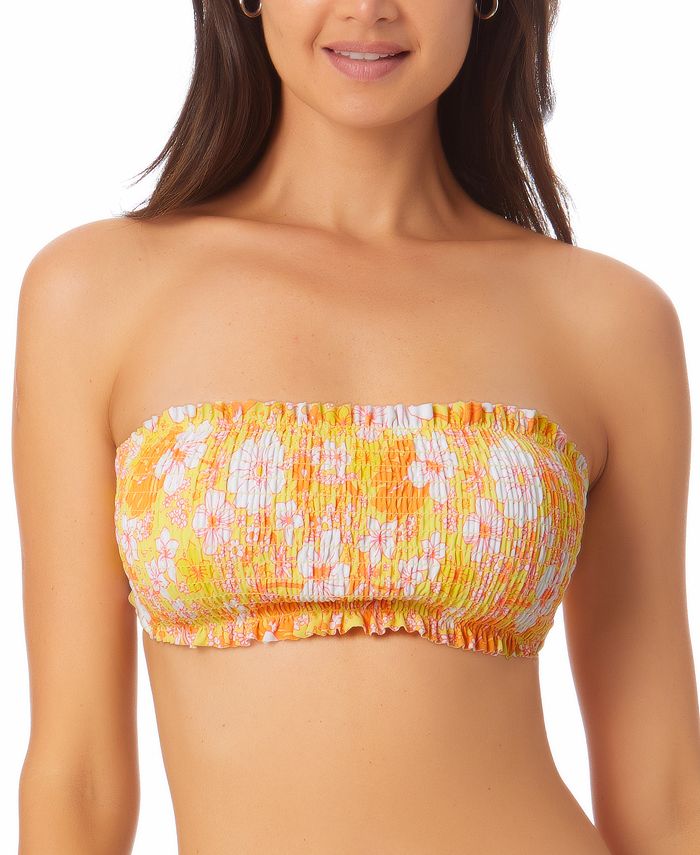 California Waves Women's Printed Smocked Bandeau Bikini Top Swimsuit Yellow Size X-Small