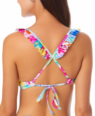 California Waves Junior's Printed Ruffle Trim Underwire Bikini Top Swimsuit White