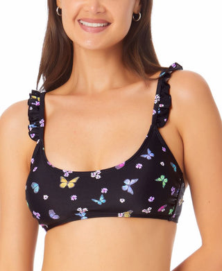 California Waves Women's  Juniors' Ruffle Bralette Bikini Top Swimsuit Black Size Large