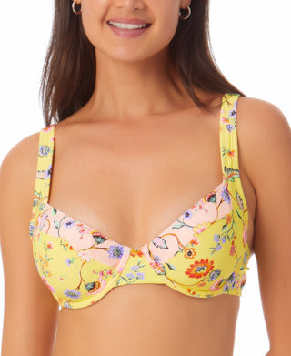 California Waves Junior's Printed Underwire Bikini Top Swimsuit Yellow