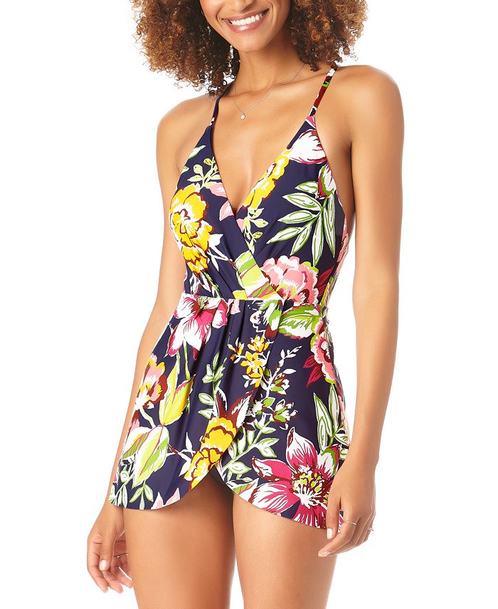 Anne Cole Women's Tropical Floral Surplice Swimdress Swimsuit Blue Size 8
