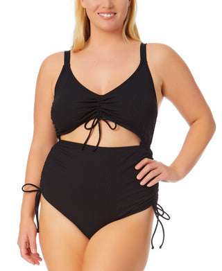 California Waves Women's Ribbed Cutout One Piece Swimsuit Black Size 1X