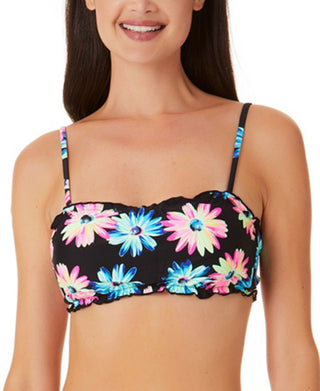 California Waves Junior's Gerber Daisy Lettuce Edge Bandeau Top Swimsuit  Black
