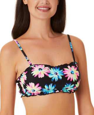 California Waves Junior's Gerber Daisy Lettuce Edge Bandeau Top Swimsuit  Black