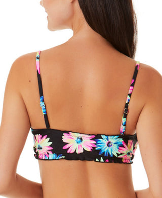 California Waves Junior's Gerber Daisy Lettuce Edge Bandeau Top Swimsuit  Black