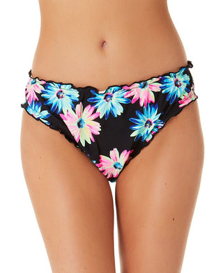 California Waves Junior's Gerber Daisy Lettuce Edge Hipster Bikini Bottoms Swimsuit White