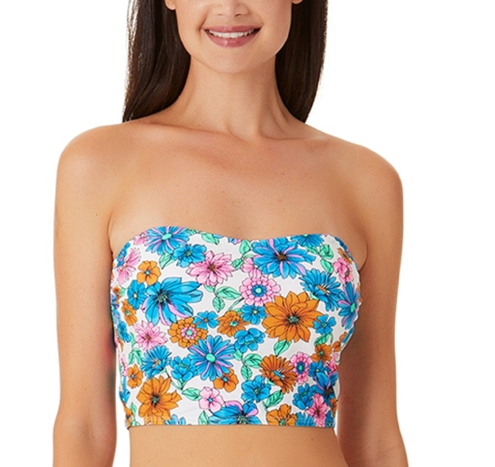 California Waves Women's Wall Paper Floral Long Line Bandeau Top Swimsuit Blue