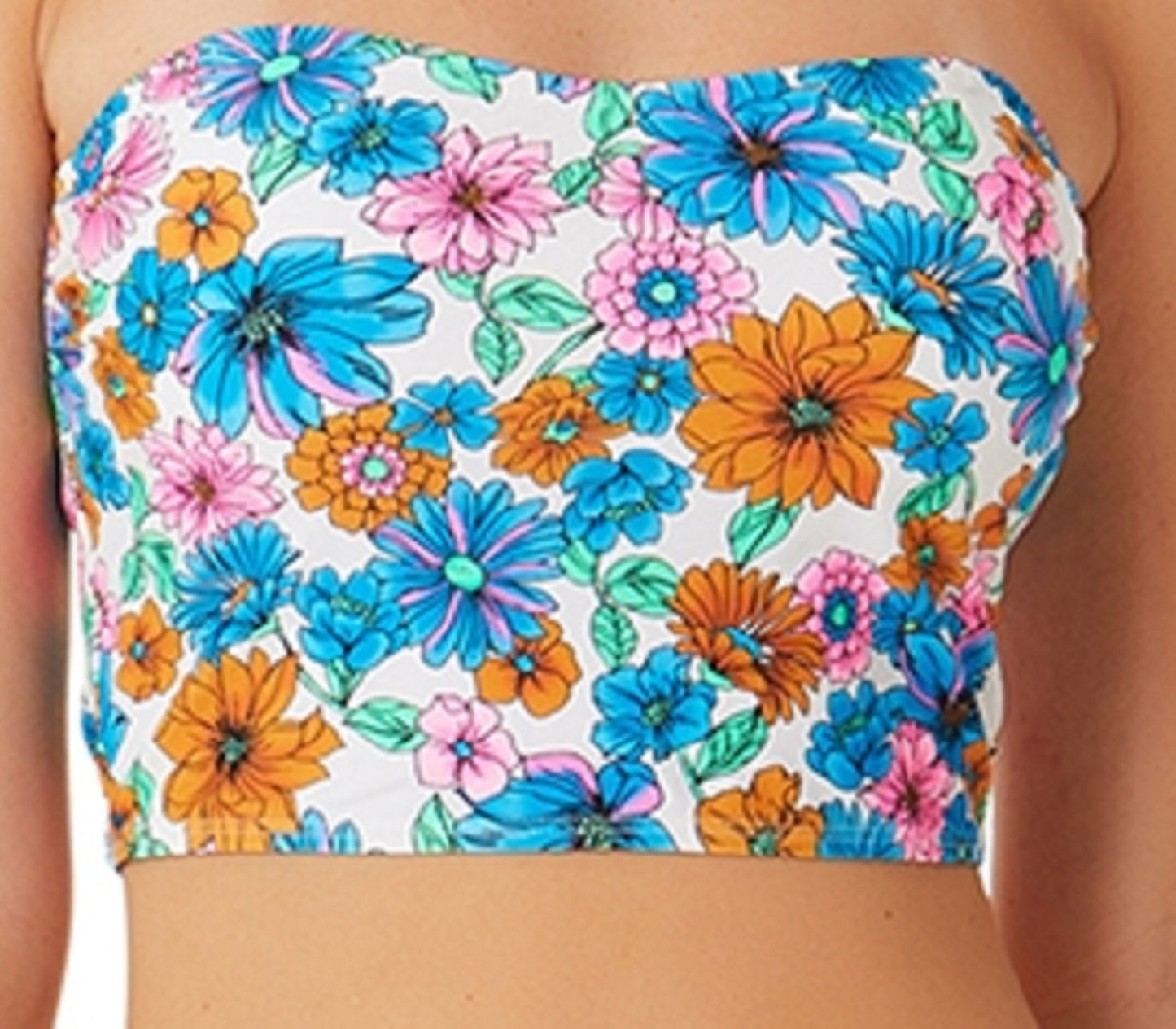 California Waves Women's Wall Paper Floral Long Line Bandeau Top Swimsuit Blue