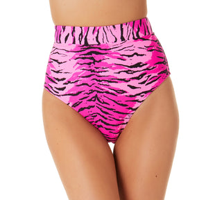 California Waves Junior's Topaz Tiger Banded High Waist Bikini Bottoms Swimsuit Pink