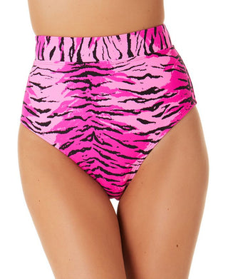 California Waves Junior's Topaz Tiger Banded High Waist Bikini Bottoms Swimsuit Pink