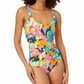 Anne Cole Women's Printed Plumeria Scoop Neck Shirred One Piece Swimsuit Blue Size 6