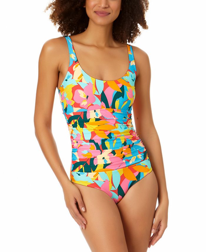 Anne Cole Women's Printed Plumeria Scoop Neck Shirred One Piece Swimsuit Blue Size 6